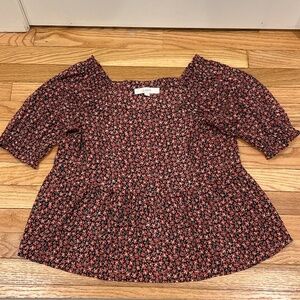 LOFT Red and Black Floral Blouse